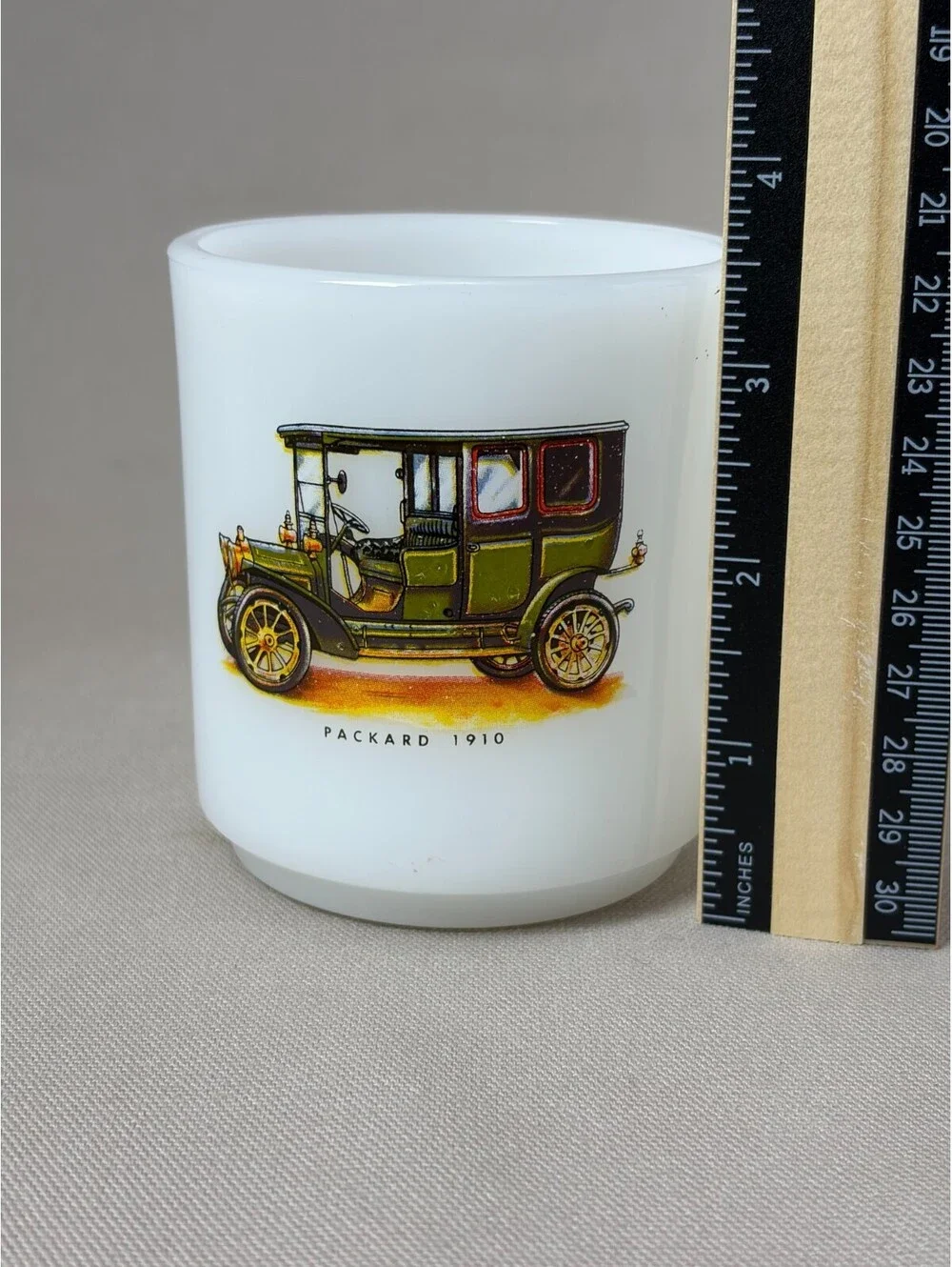 Vintage Milk Glass Stacking Coffee Mug Packard 1910 Antique Car Tea Cup